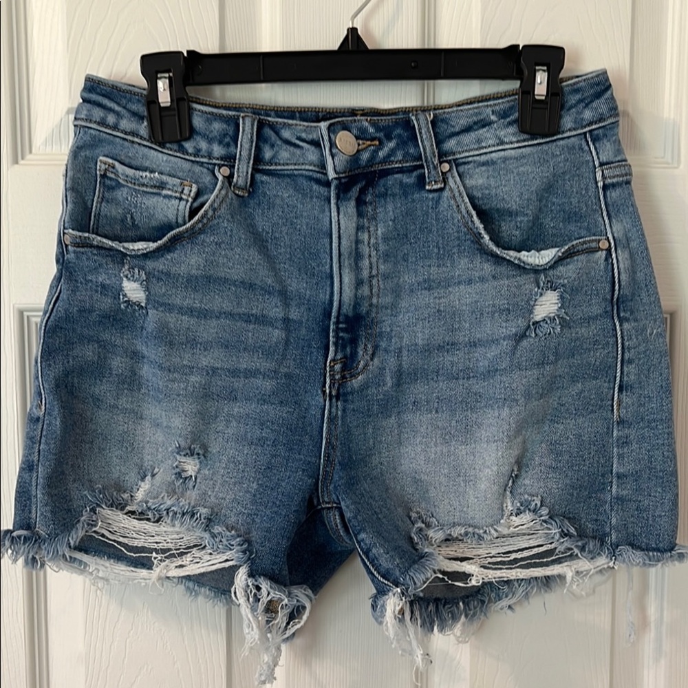 Distressed Blue Jean Shorts with Frayed Hem